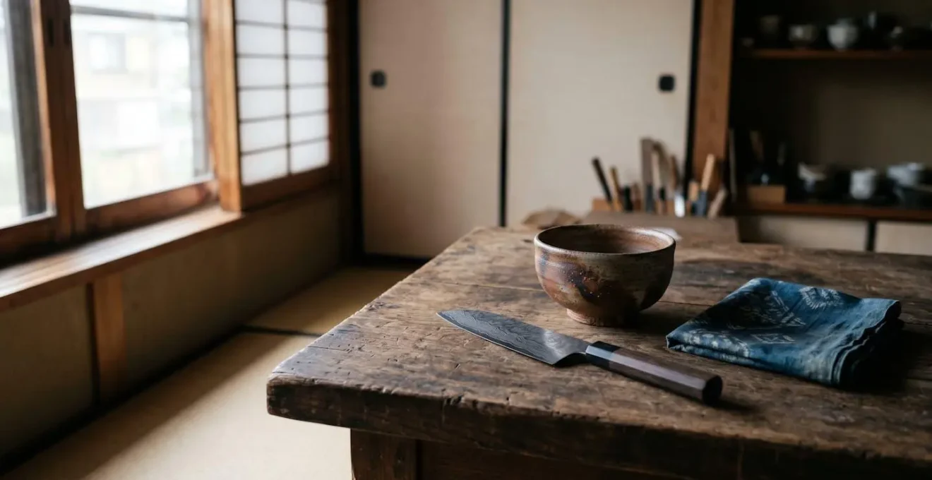 Artisanat japonais traditionnel représentant couteaux, céramiques et textiles selon les régions
