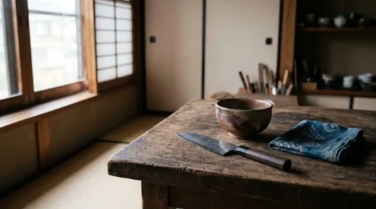 Artisanat japonais traditionnel représentant couteaux, céramiques et textiles selon les régions