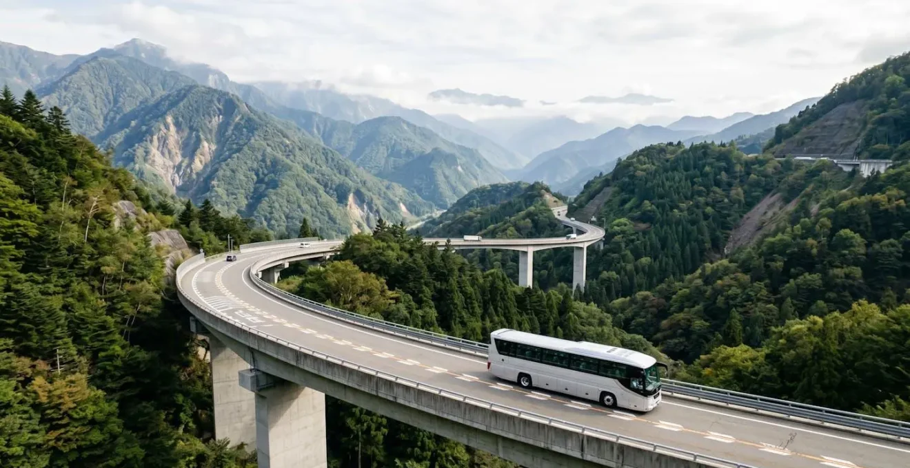Bus moderne traversant une autoroute de montagne avec vue panoramique sur les sommets des Alpes japonaises