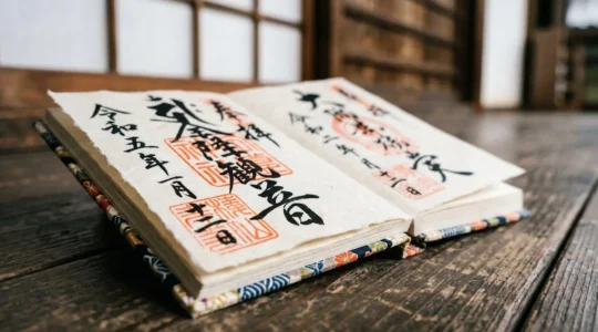 Carnet Goshuincho ouvert montrant des calligraphies et sceaux rouges authentiques de temples japonais