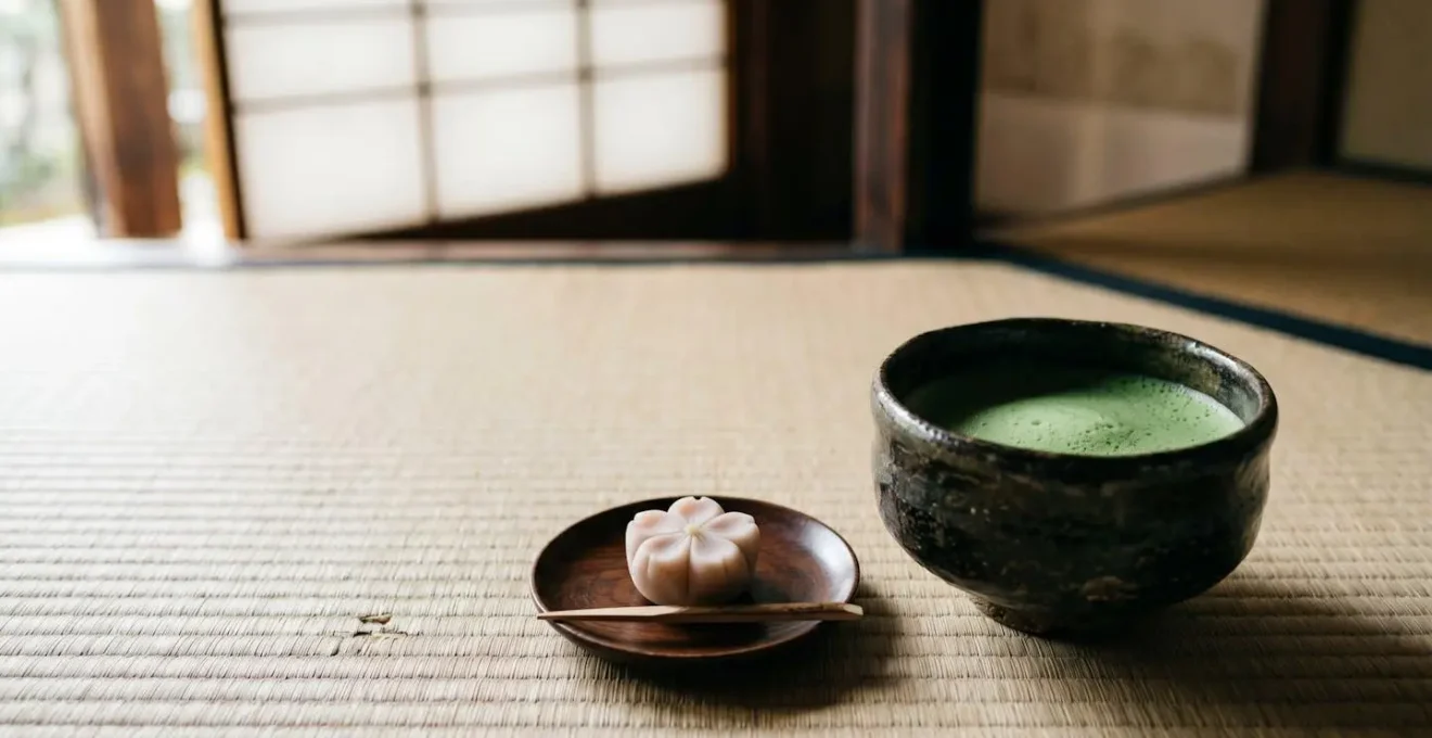 Scène intime de cérémonie du thé japonaise avec bol à matcha et pâtisserie wagashi sur tatami