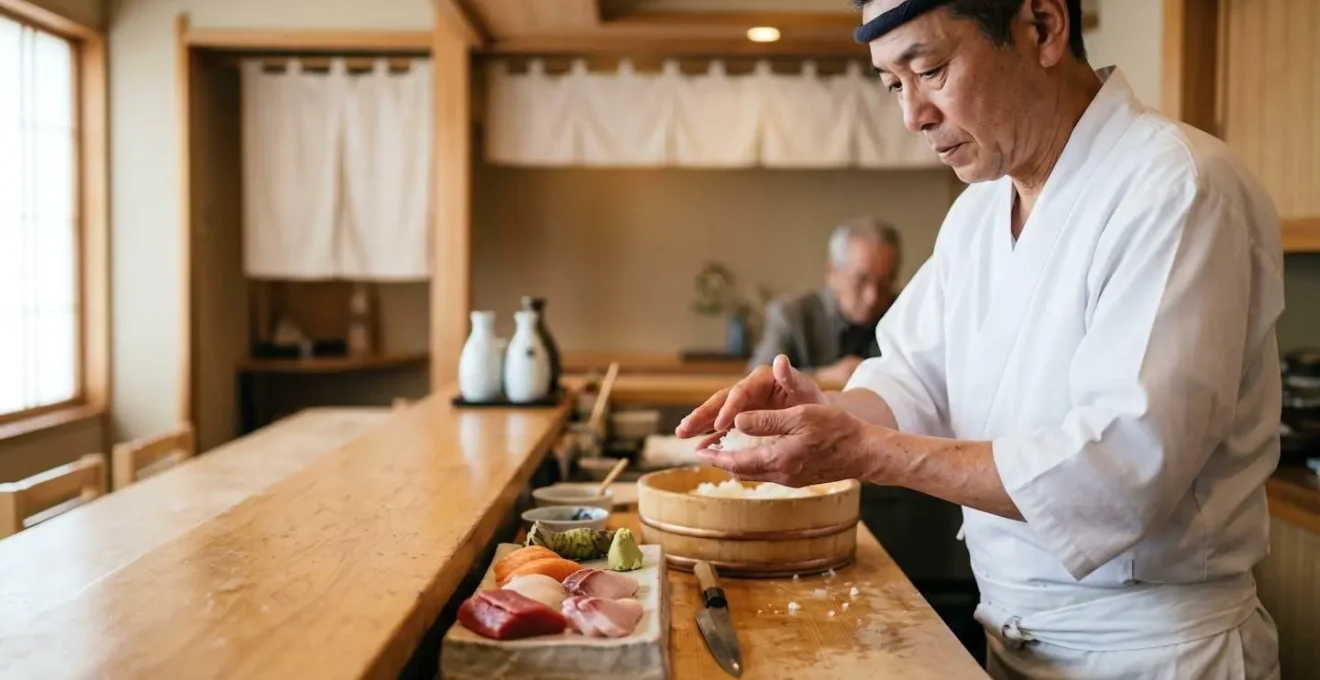 Chef sushi préparant des nigiri au comptoir avec précision et concentration
