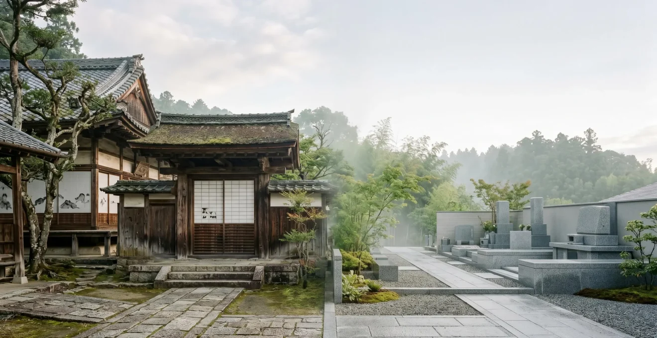 Contraste architectural entre sites UNESCO japonais avec ambiance contemplative