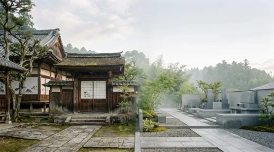 Contraste architectural entre sites UNESCO japonais avec ambiance contemplative