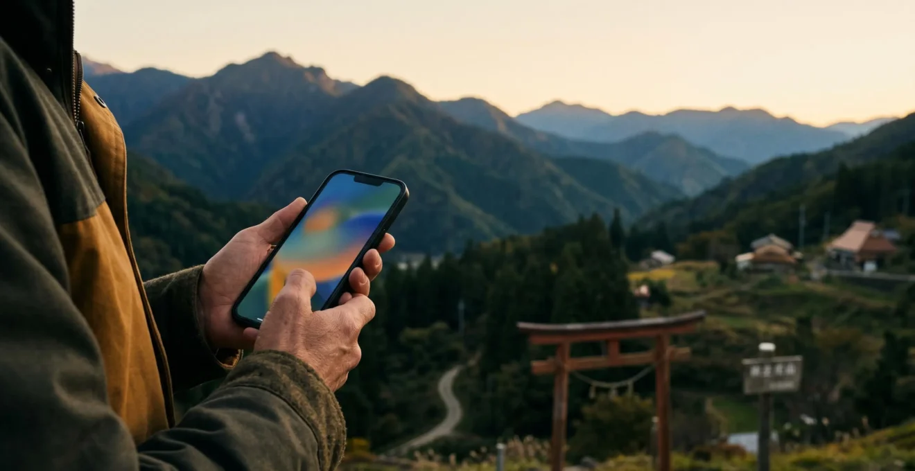 Voyageur solo consultant un smartphone avec carte topographique en arrière-plan dans un paysage montagneux japonais