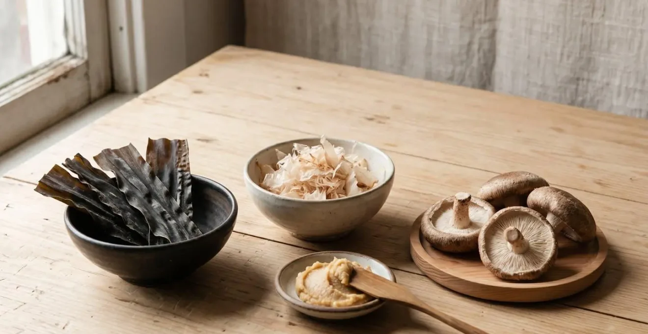 Composition culinaire japonaise mettant en valeur les ingrédients naturels riches en umami