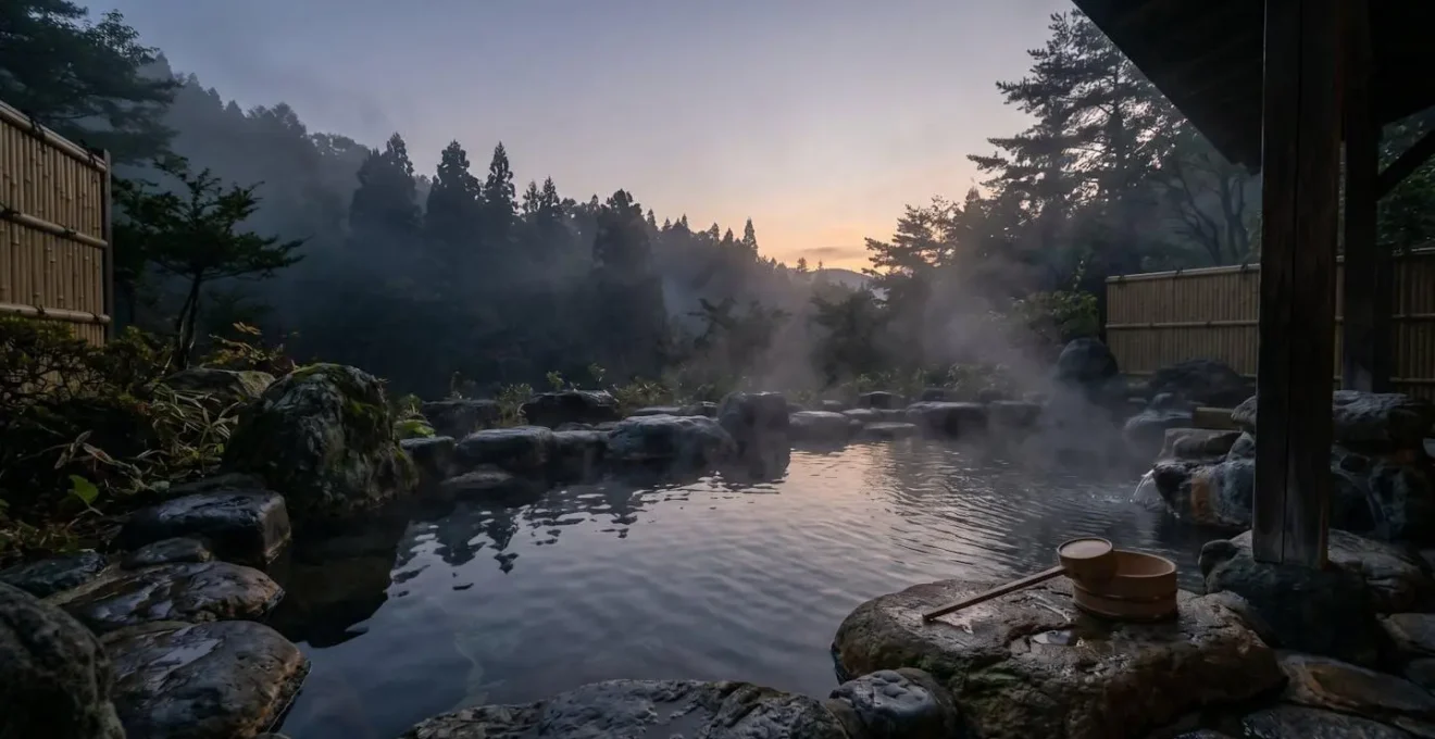 Bain thermal japonais traditionnel avec vapeur naturelle dans un cadre naturel apaisant