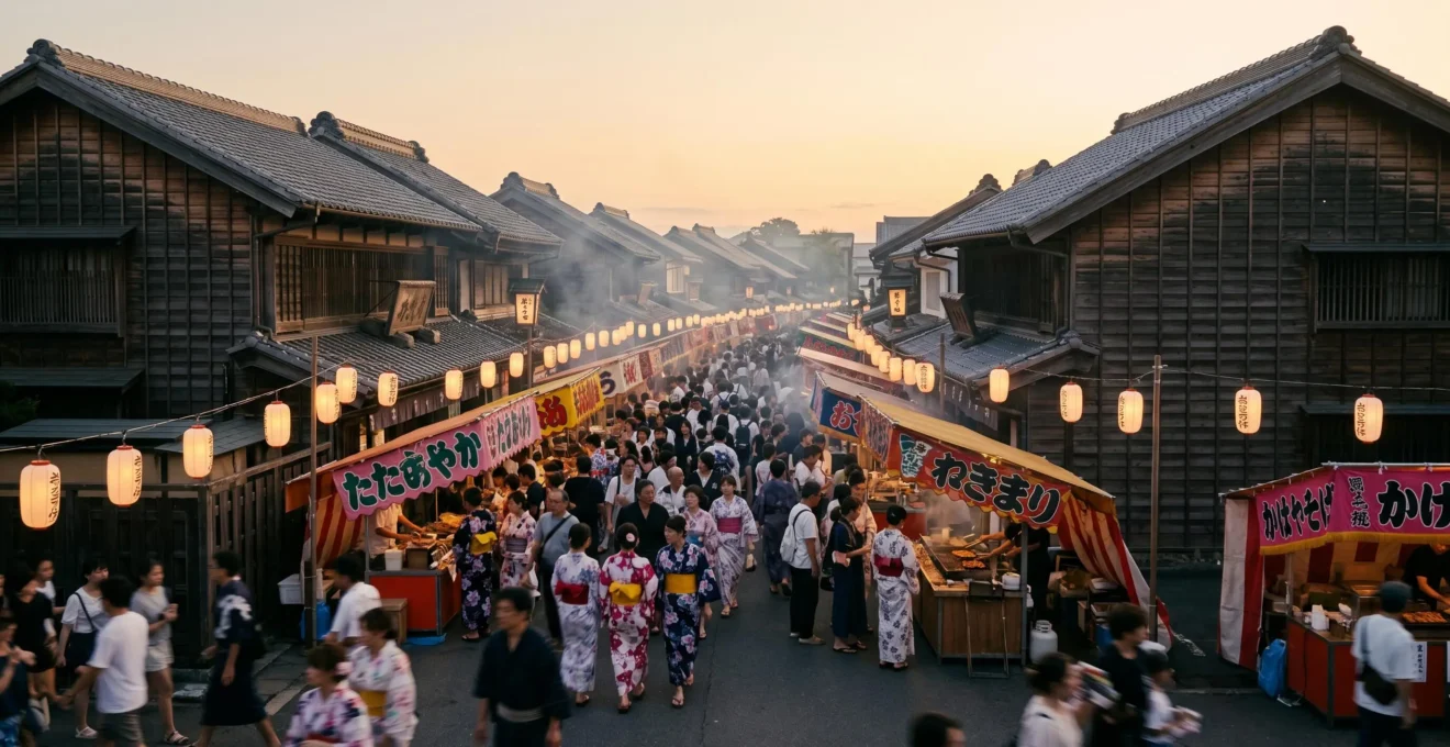 Foule de festivaliers vêtus de yukata lors d'un matsuri d'été au Japon