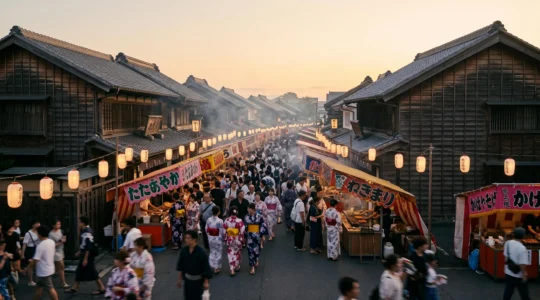 Foule de festivaliers vêtus de yukata lors d'un matsuri d'été au Japon