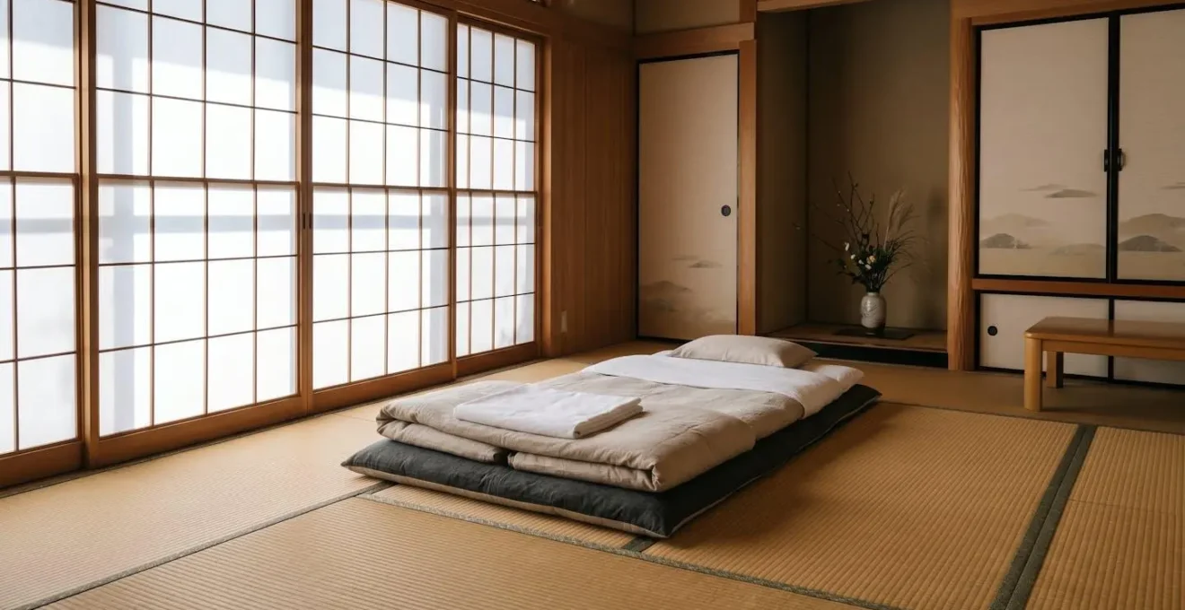 Chambre japonaise traditionnelle avec futon déployé sur tatami dans un ryokan authentique