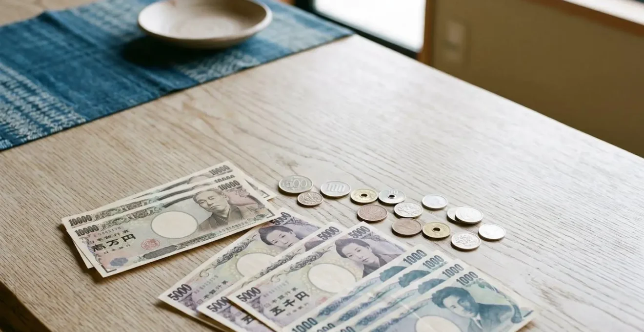 Yens japonais et monnaie en espèces sur fond épuré illustrant la gestion du budget de voyage