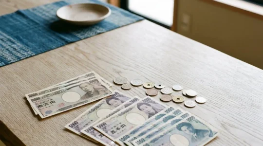 Yens japonais et monnaie en espèces sur fond épuré illustrant la gestion du budget de voyage