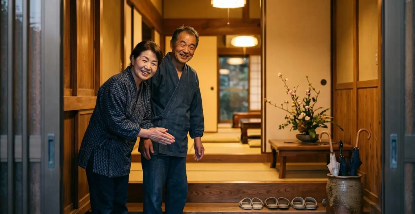 Entrée traditionnelle d'une maison japonaise accueillante avec genkan et portes coulissantes fusuma