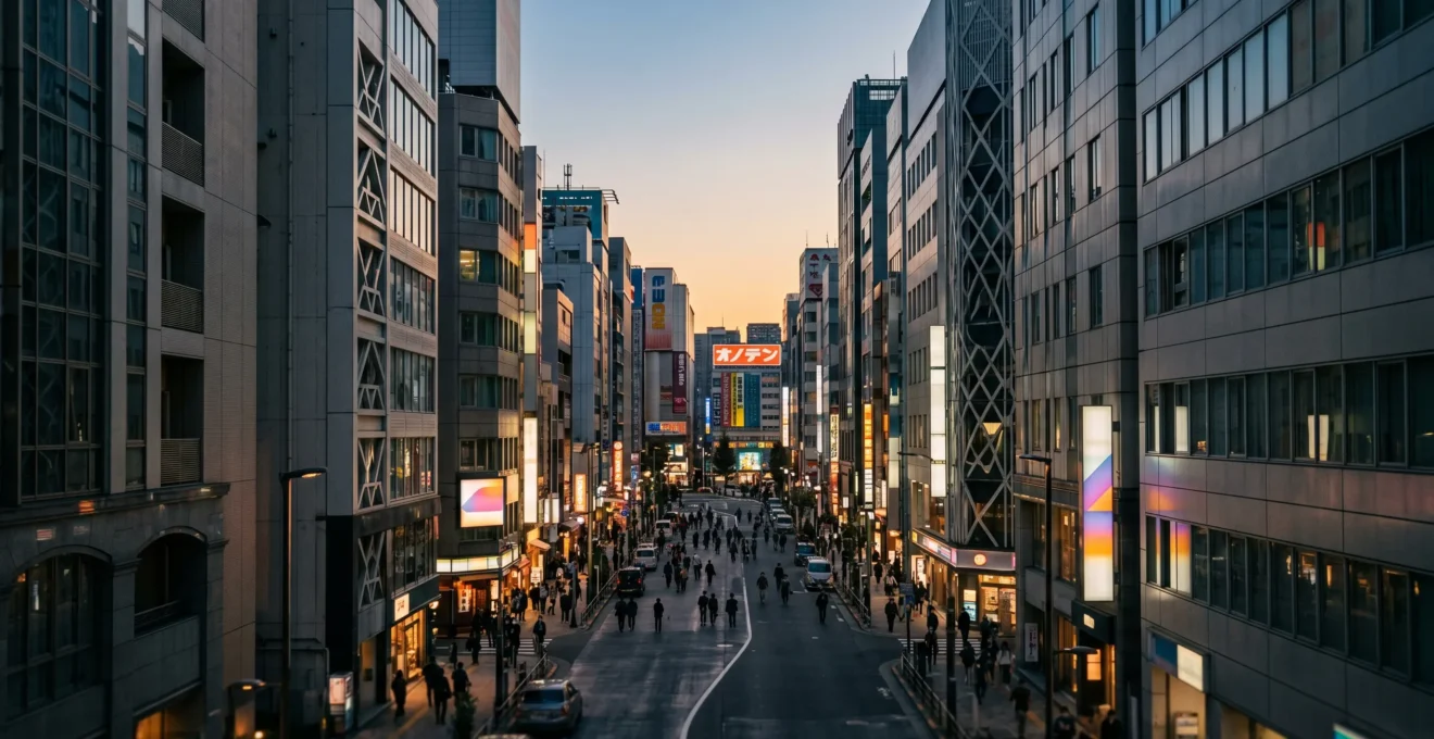Vue immersive du quartier Akihabara à Tokyo avec ses enseignes lumineuses et sa densité urbaine caractéristique