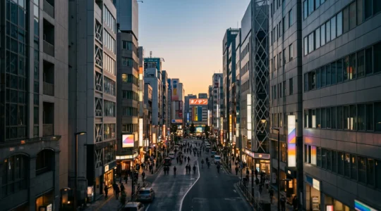 Vue immersive du quartier Akihabara à Tokyo avec ses enseignes lumineuses et sa densité urbaine caractéristique