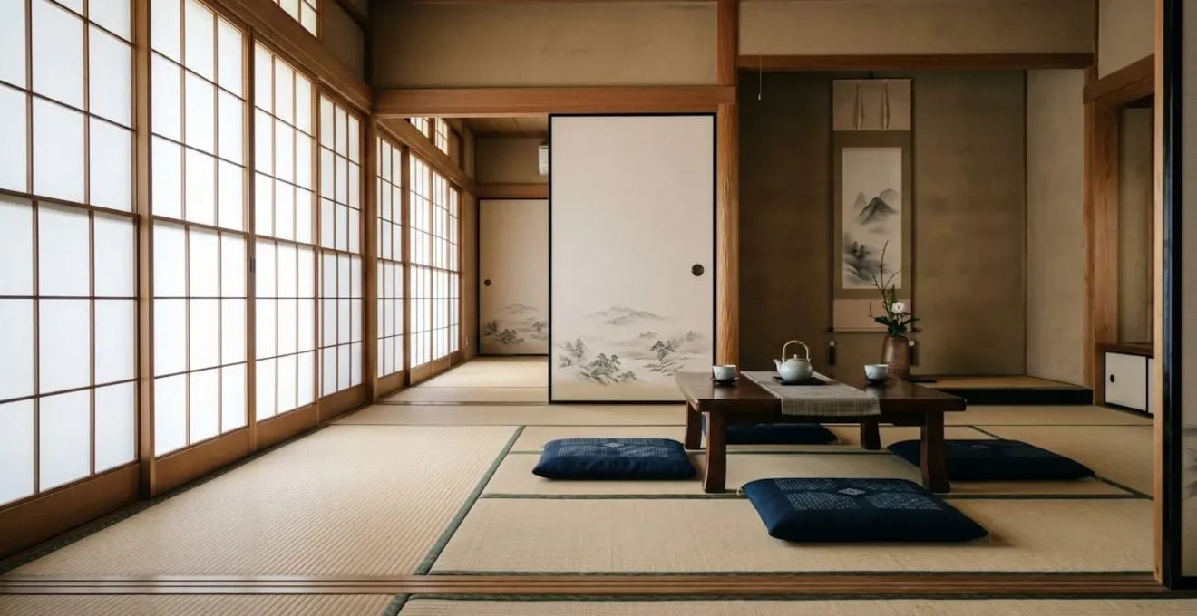 Intérieur serein d'un ryokan traditionnel japonais avec tatamis et portes coulissantes shoji illuminées par une lumière naturelle douce