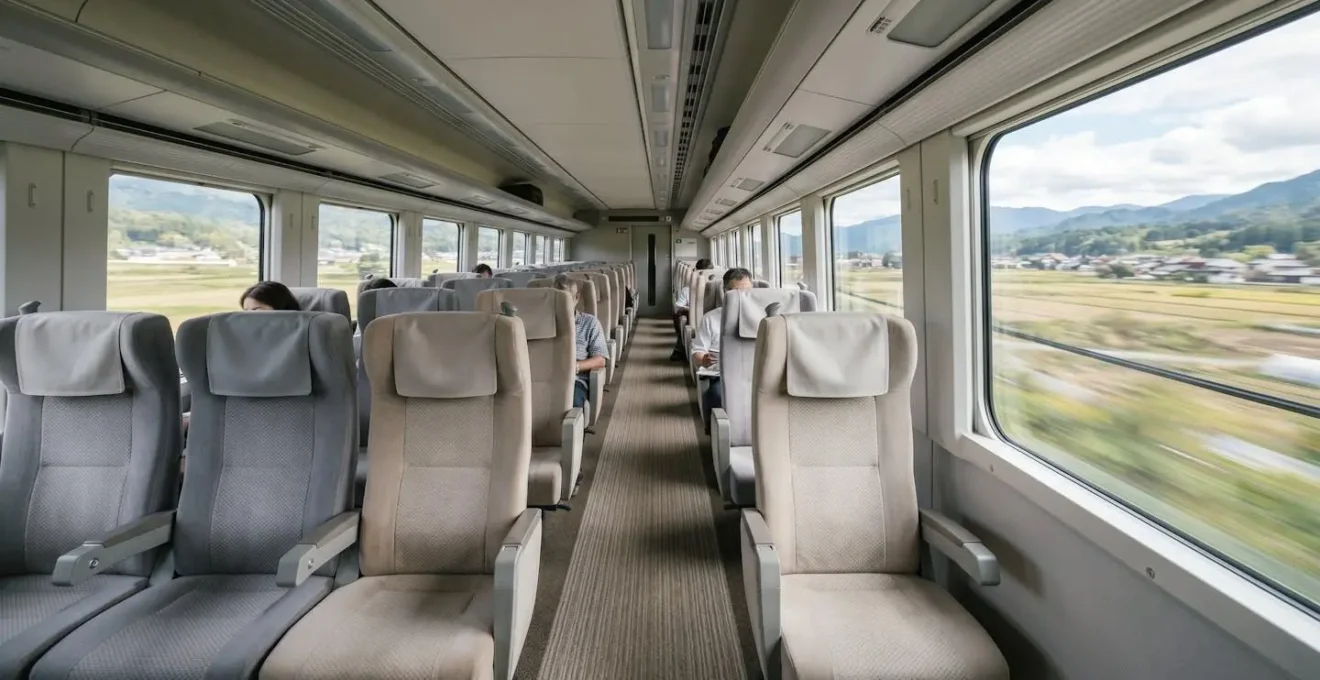 Intérieur moderne d'un wagon Shinkansen avec sièges confortables et ambiance calme reflétant l'étiquette japonaise