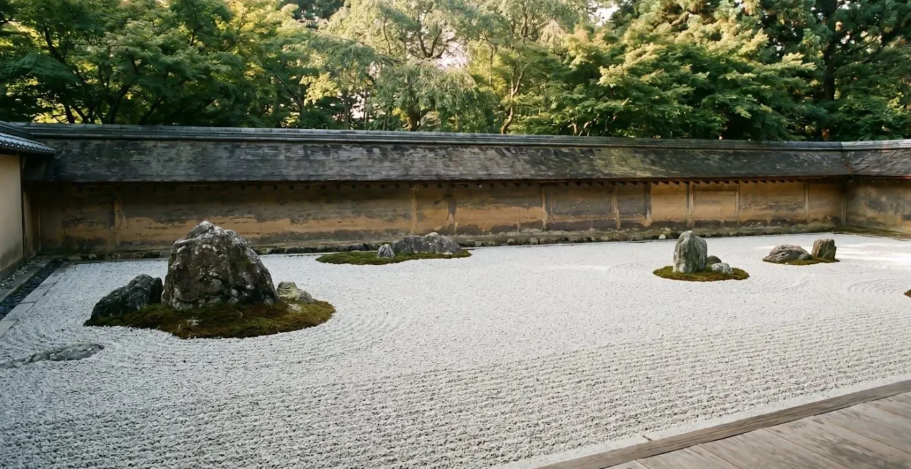 Vue panoramique d'un jardin de pierres zen japonais avec gravier ratissé et rochers disposés harmonieusement, invitant à la méditation
