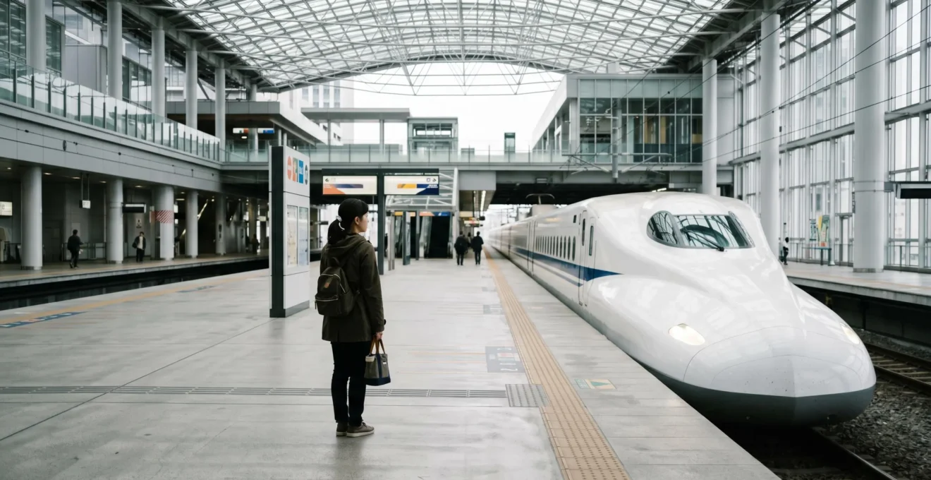 Voyageur contemplant un train Shinkansen dans une gare japonaise moderne