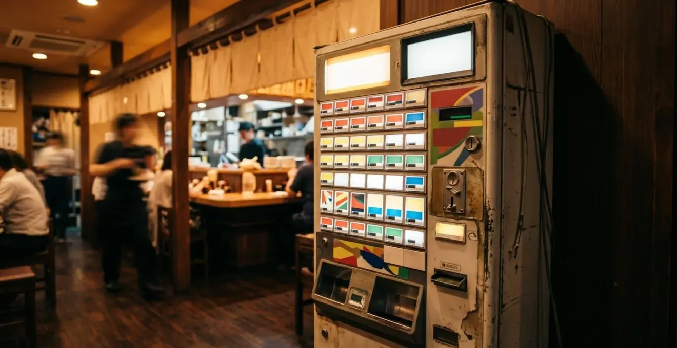 Gros plan sur une machine à tickets de commande dans un restaurant de ramen au Japon
