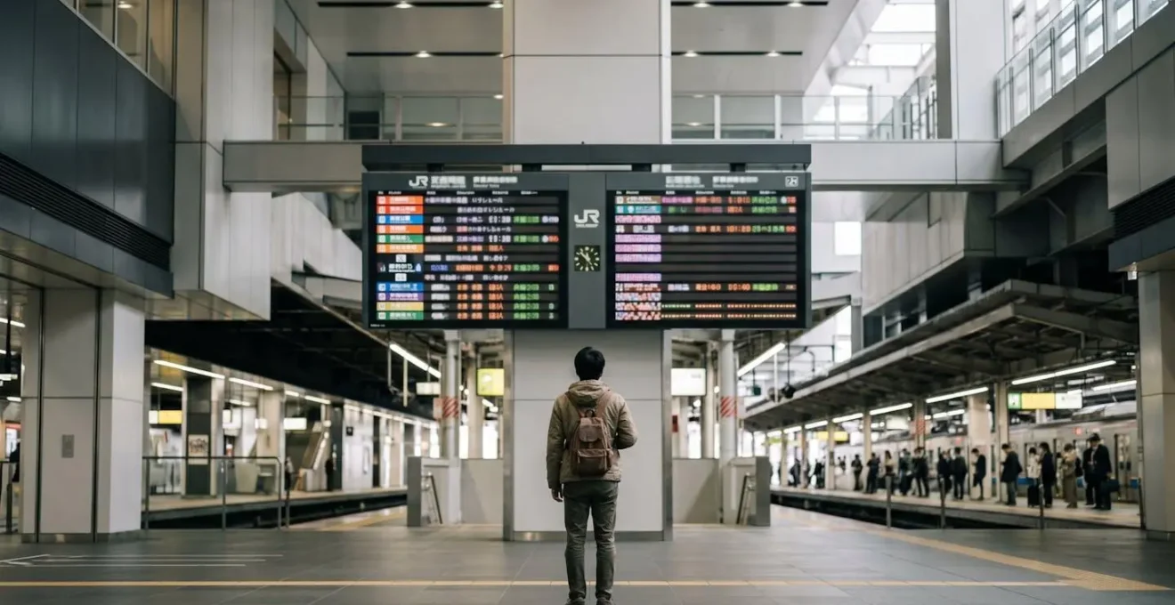 Voyageur consultant un panneau d'affichage multicolore dans une gare japonaise moderne