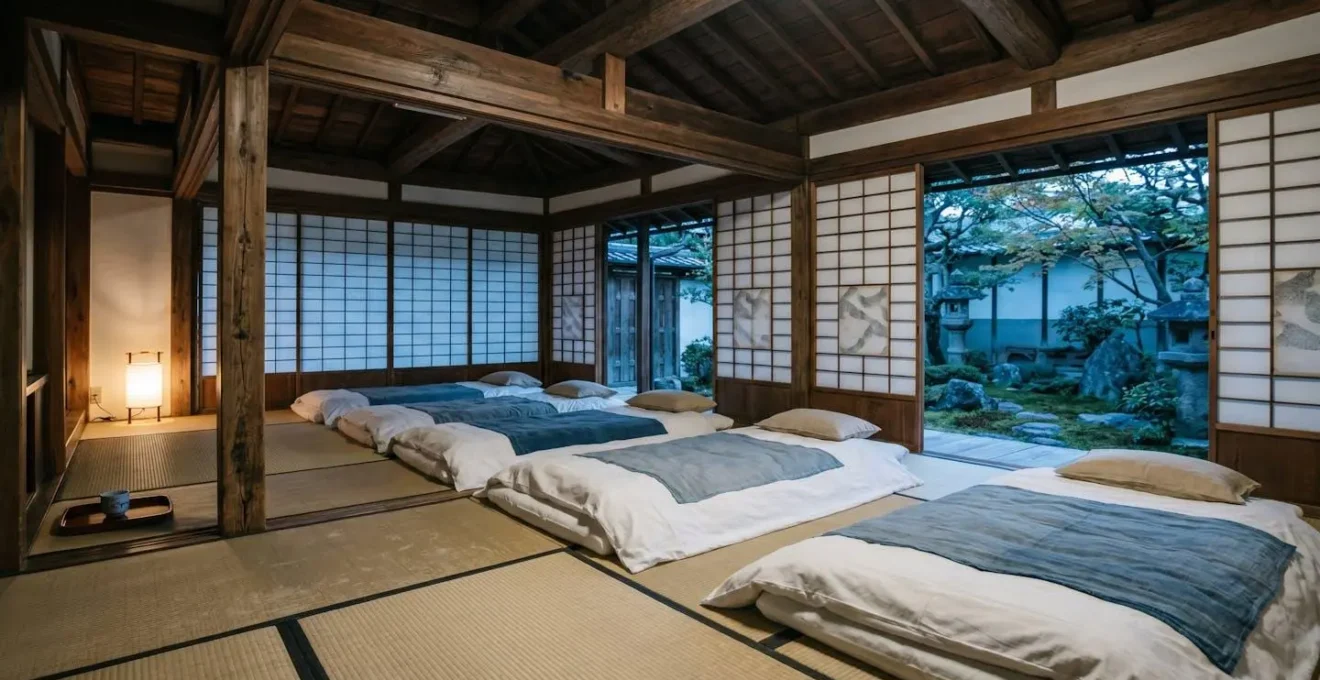 Chambre traditionnelle de temple japonais avec futons disposés sur tatami et portes coulissantes shoji créant une atmosphère sereine