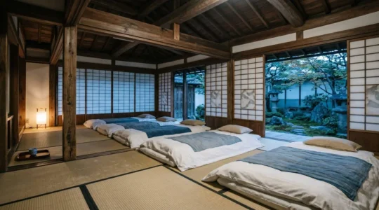Chambre traditionnelle de temple japonais avec futons disposés sur tatami et portes coulissantes shoji créant une atmosphère sereine