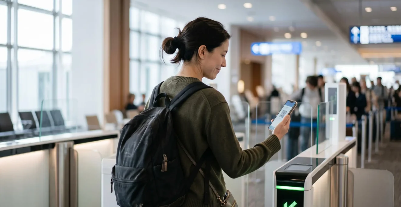 Voyageur utilisant son smartphone à l'aéroport japonais pour accélérer les formalités d'immigration
