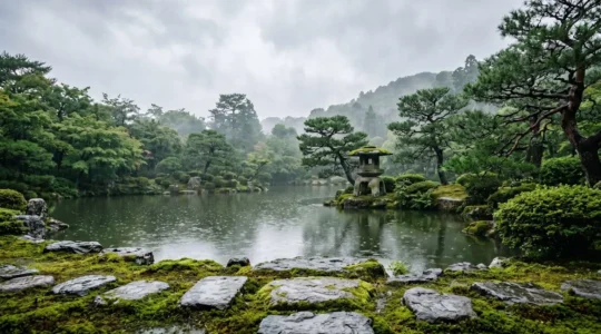 Photographe capturant un jardin japonais sous un ciel couvert avec pluie légère révélant les textures et couleurs saturées