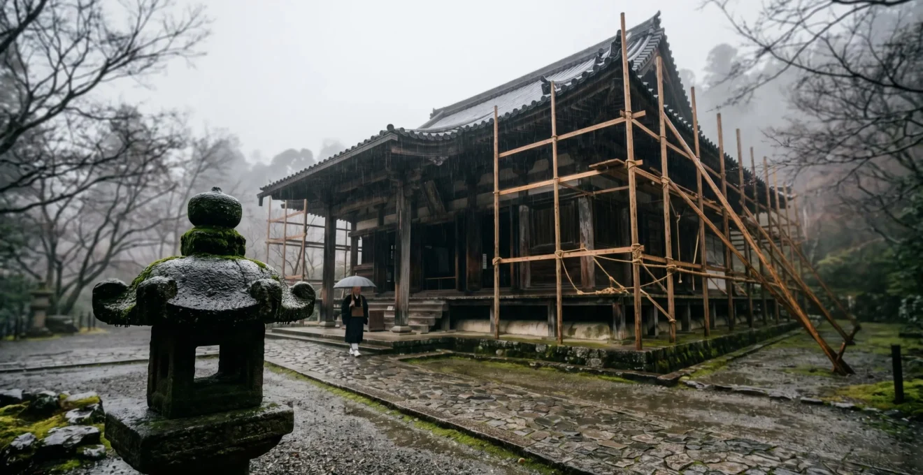 Temple japonais en rénovation sous la pluie, ambiance contemplative capturant l'essence du wabi-sabi