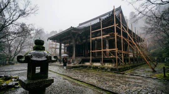 Temple japonais en rénovation sous la pluie, ambiance contemplative capturant l'essence du wabi-sabi