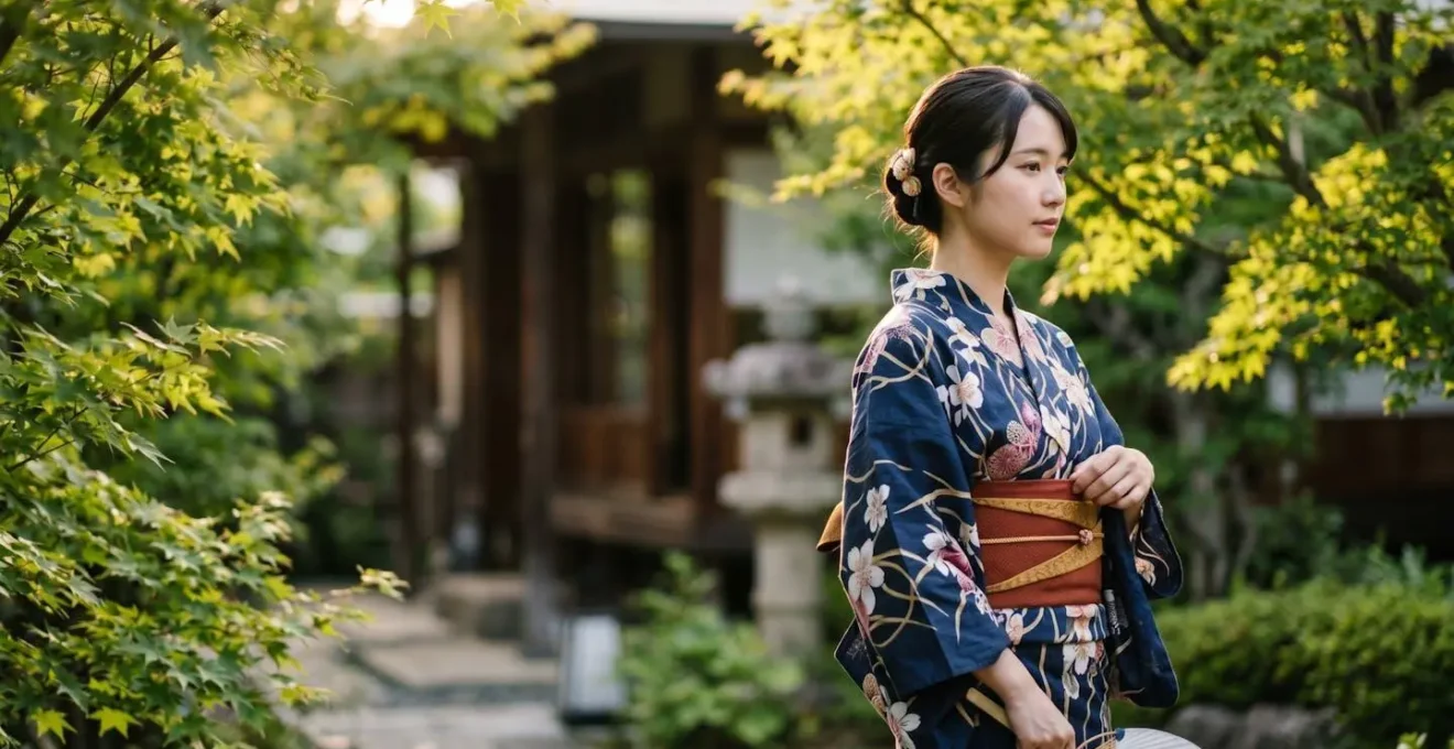 Personne portant un yukata traditionnel japonais dans une atmosphère estivale