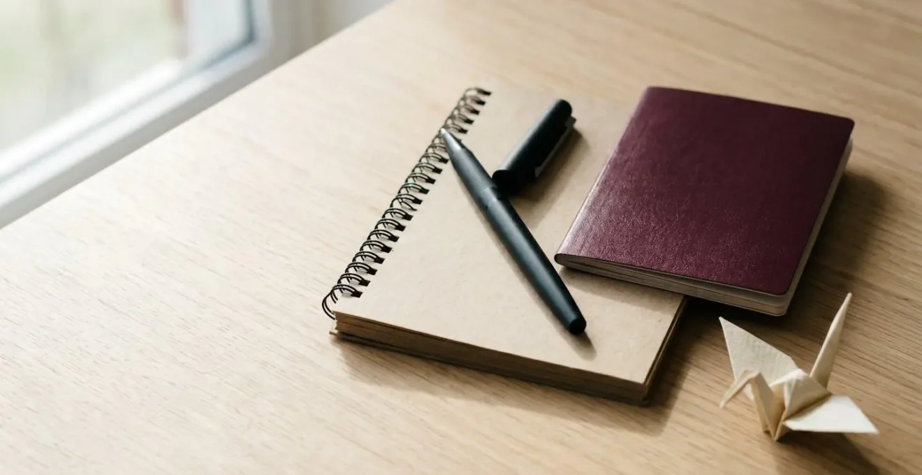 Passeport, billets d'avion et carnet de voyage disposés sur une table avec une lumière naturelle douce