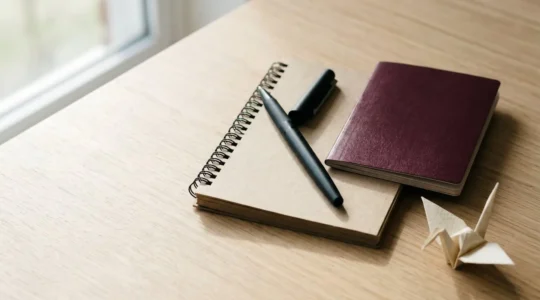 Passeport, billets d'avion et carnet de voyage disposés sur une table avec une lumière naturelle douce
