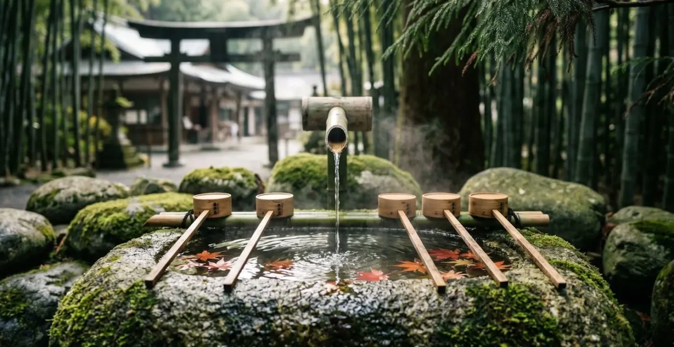 Bassin de purification traditionnel temizuya dans un sanctuaire shinto japonais avec louche en bambou et eau courante