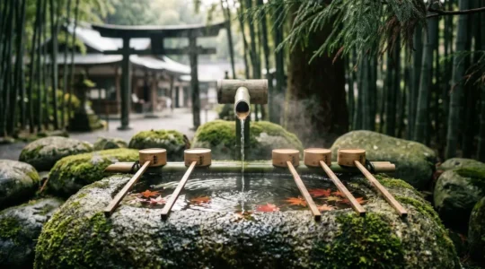 Bassin de purification traditionnel temizuya dans un sanctuaire shinto japonais avec louche en bambou et eau courante