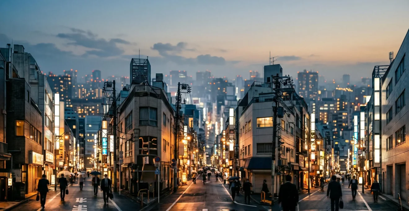 Vue nocturne de Tokyo illuminée avec enseignes néon évoquant l'effervescence des spectacles traditionnels et modernes