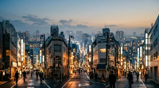 Vue nocturne de Tokyo illuminée avec enseignes néon évoquant l'effervescence des spectacles traditionnels et modernes