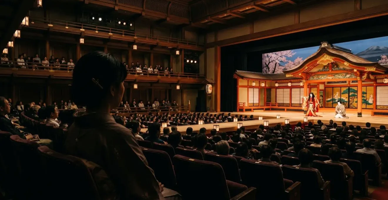 Spectateur occidental découvrant une représentation de Kabuki au théâtre traditionnel japonais