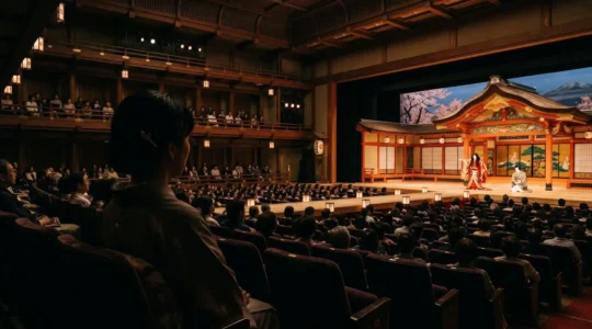 Spectateur occidental découvrant une représentation de Kabuki au théâtre traditionnel japonais