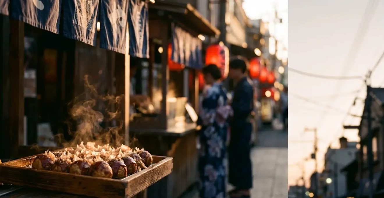 Scène de street food japonaise avec boulettes de takoyaki fumantes et atmosphère de festival traditionnel