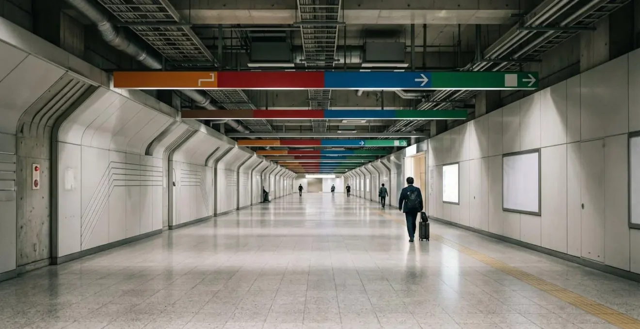 Voyageur contemplant les panneaux de signalisation colorés dans le labyrinthe souterrain de la gare de Shinjuku à Tokyo