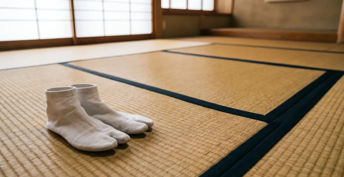 Paires de chaussettes blanches sur tatami traditionnel japonais avec texture de paille de jonc