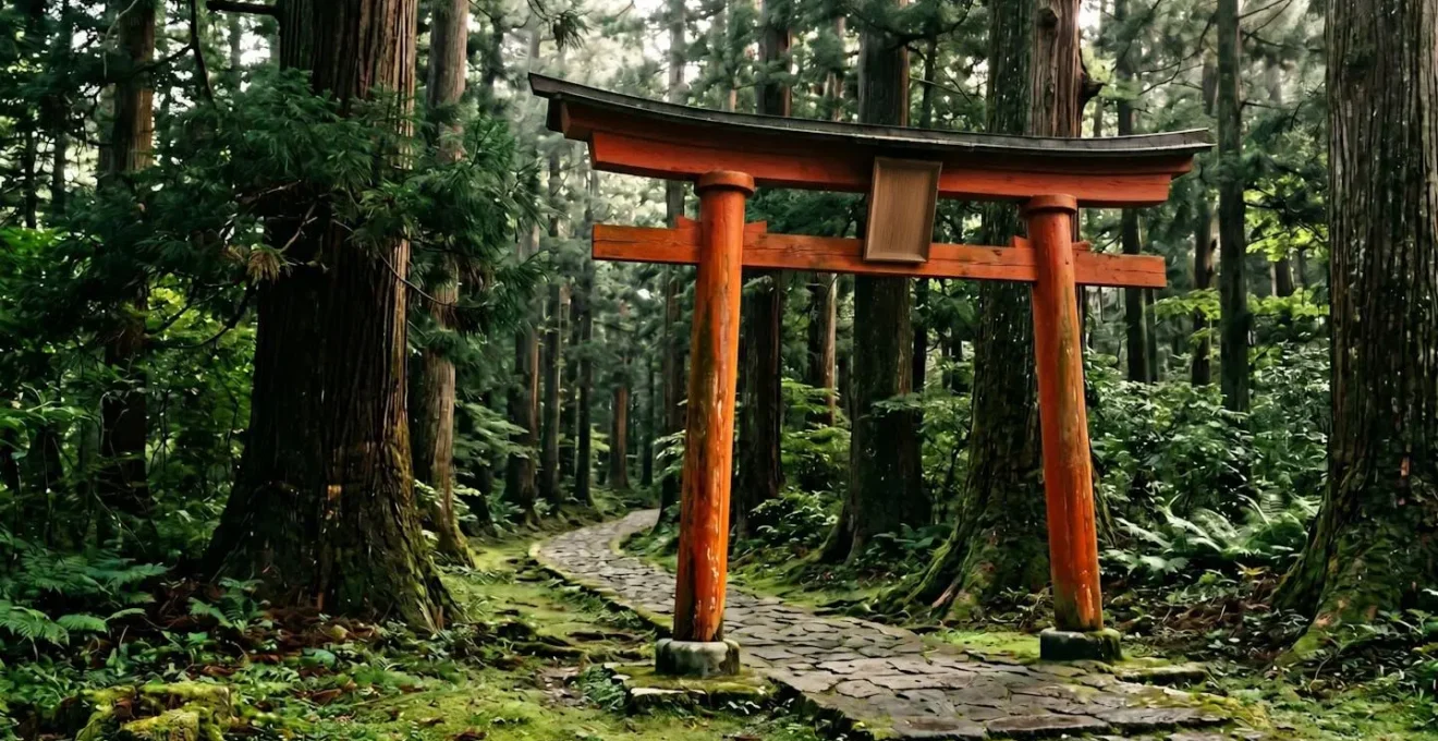 Portail torii vermillon imposant marquant l'entrée d'un sanctuaire shinto japonais dans une forêt verdoyante