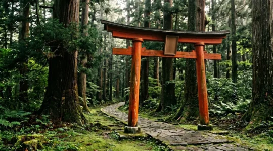 Portail torii vermillon imposant marquant l'entrée d'un sanctuaire shinto japonais dans une forêt verdoyante