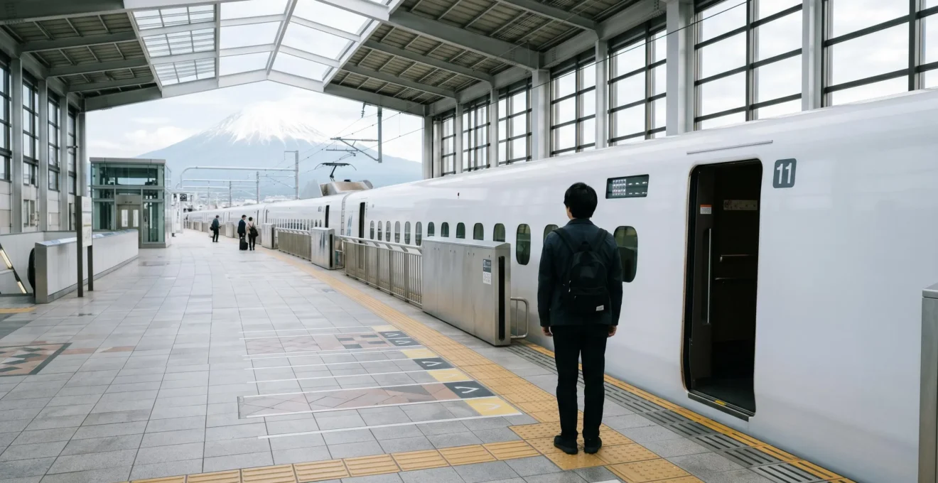 Voyageur monte sereinement dans un Shinkansen japonais les mains vides, espace dégagé et fluide