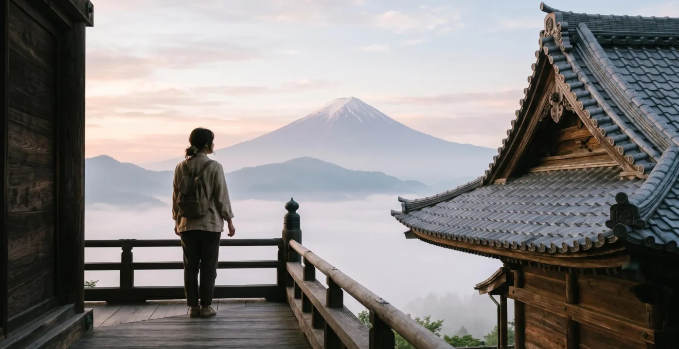 Voyageur contemplant un temple japonais traditionnel au lever du soleil avec le Mont Fuji en arrière-plan