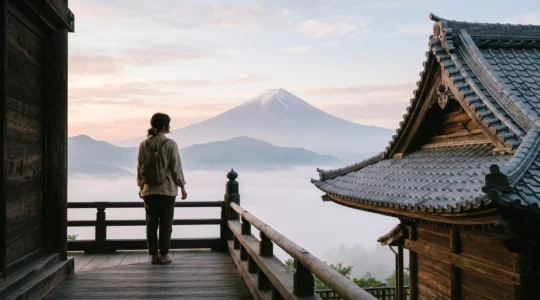 Voyageur contemplant un temple japonais traditionnel au lever du soleil avec le Mont Fuji en arrière-plan