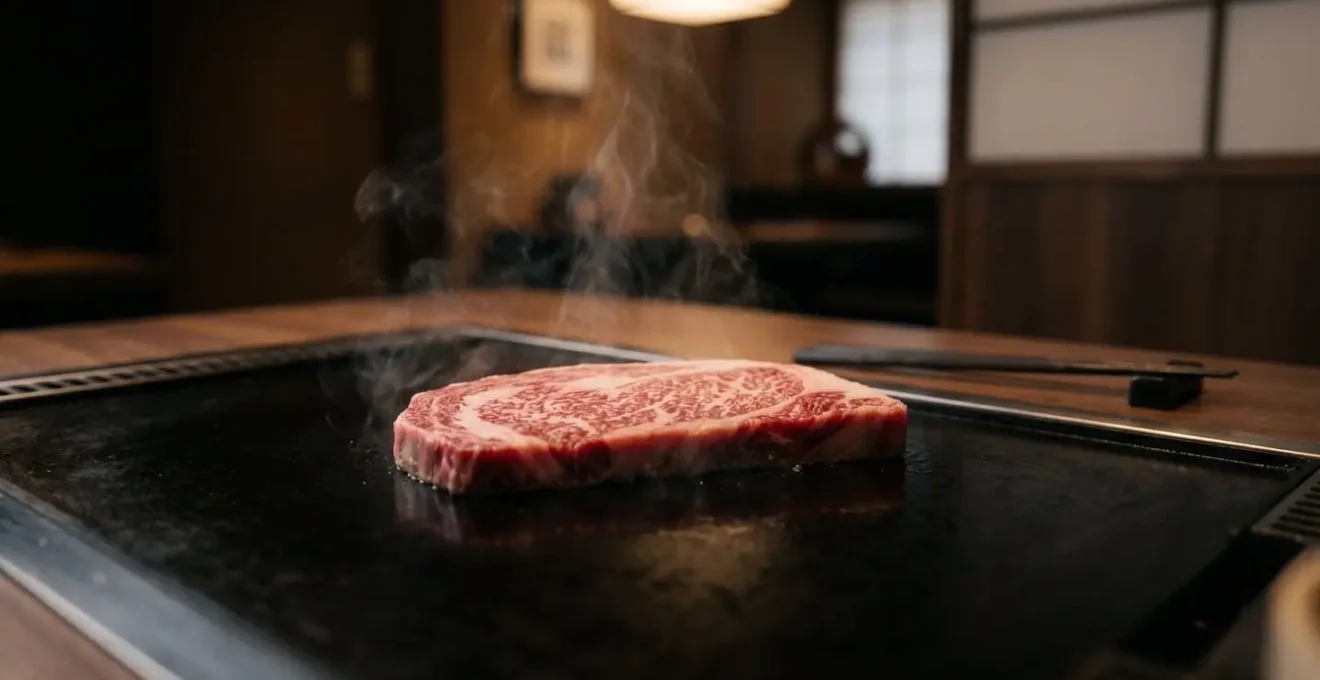 Tranche de bœuf Wagyu A5 avec persillage intense sur plaque de teppanyaki, vapeur montante, restaurant japonais intimiste